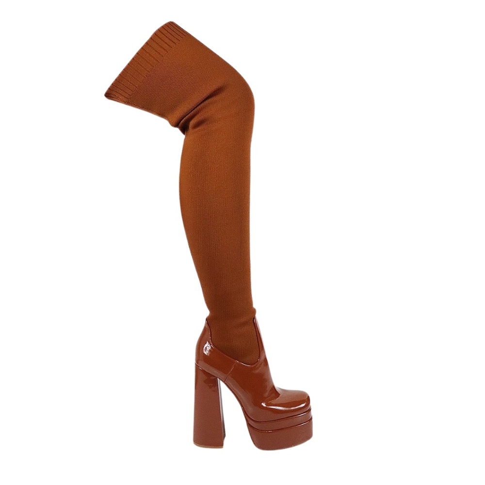 MITZY | COGNAC/BROWN DOUBLE PLATFORM KNITTED THIGH HIGH BOOT HEEL